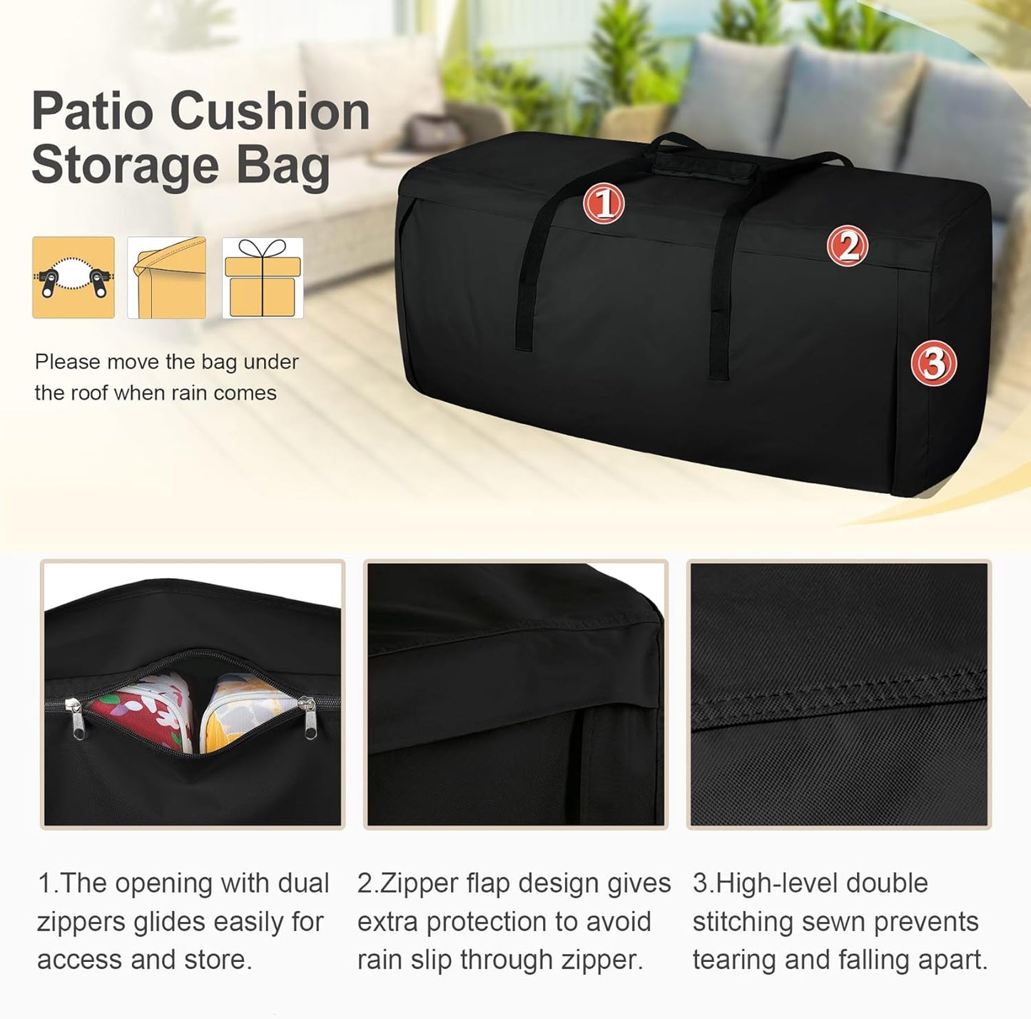 Porch Shield Outdoor Cushion Storage Bag 62 inch Waterproof Outside Storage Bags for Patio Furniture with Zippers and Handles Black