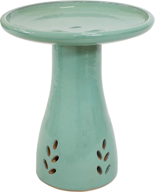 Sunnydaze 21" H Ceramic Bird Bath for Outside - Hand-Painted Outdoor Bird Bath Bowl, UV/Frost-Resistant Finish - Seafoam - Cut Out Pedestal