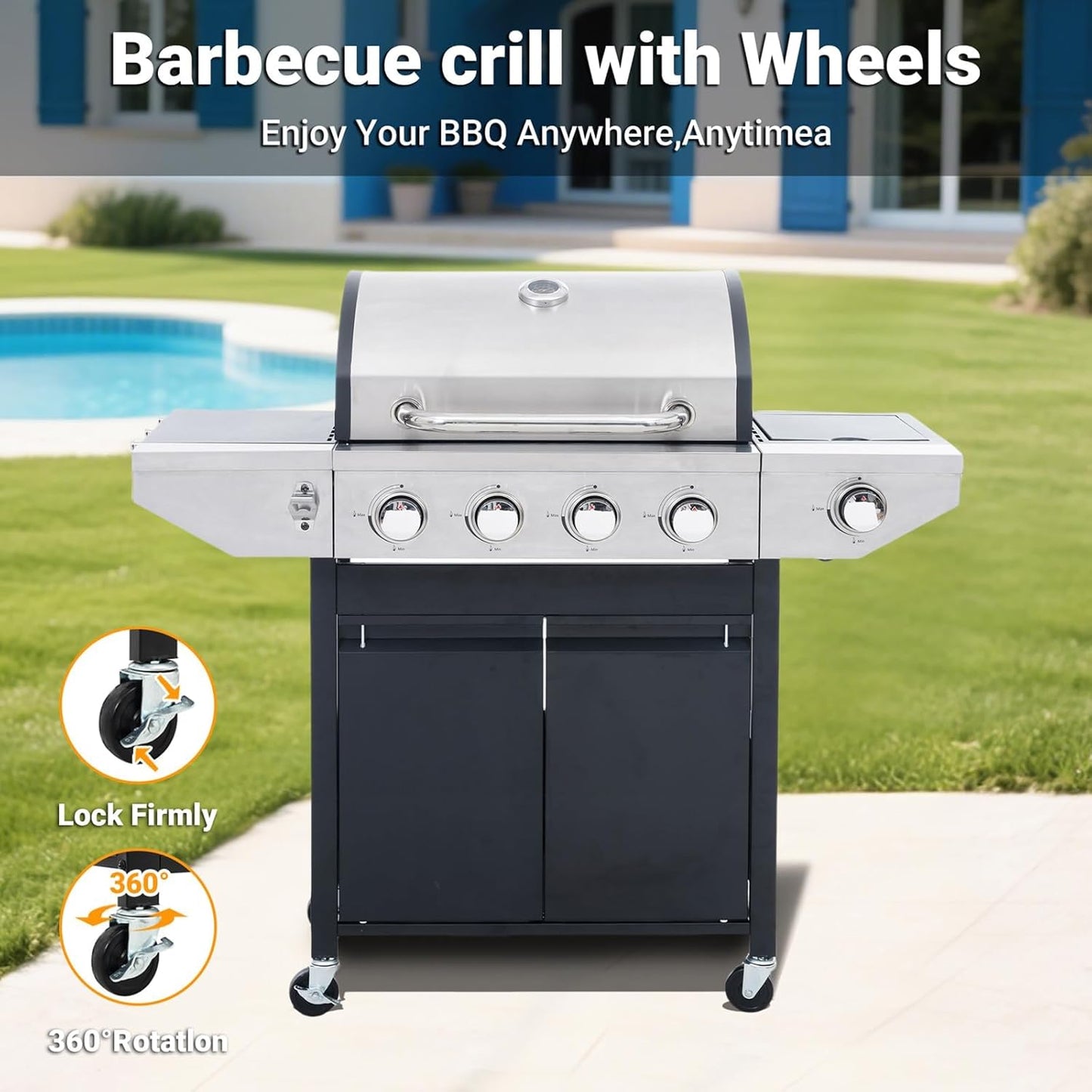 Endark 4-burner propane gas grill | Stainless steel construction | Dual side racks and wheels | Designed for patio, garden, and backyard cooking