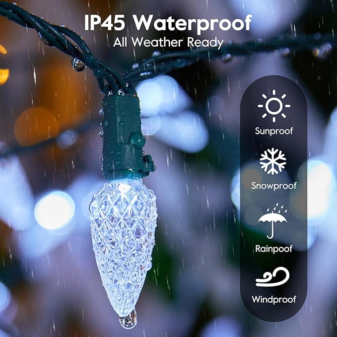 C6 LED Christmas String Lights, 20 ft 60 LED Battery Operated Faceted Strawberry Lights, Waterproof for House Roof Roofline Christmas Tree, White, 2 Pack