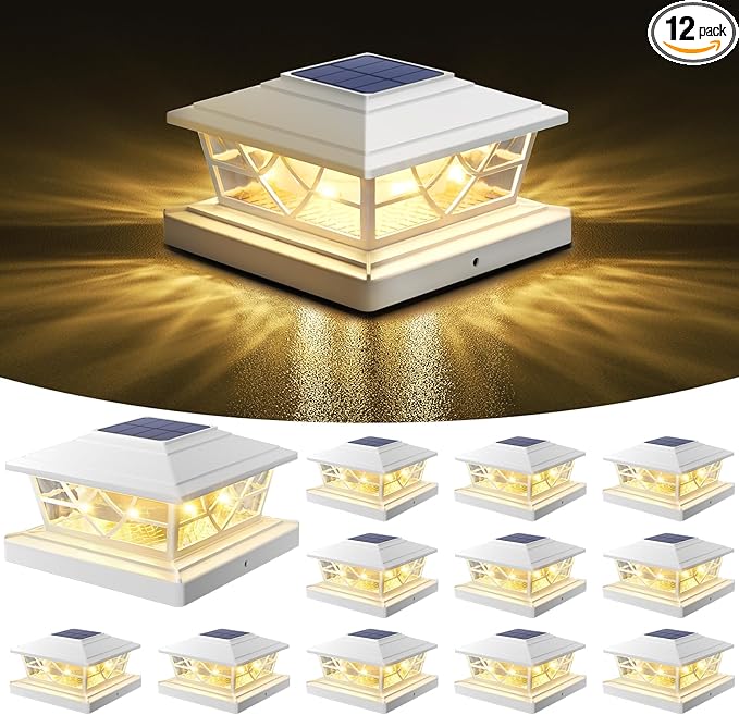 NIORSUN Solar Post Lights Outdoor 12 Pack, 2 Modes LED, Deck Fence Post Solar Lights for 3.5x3.5 4x4 5x5 5.5x5.5 Caps Patio Garden Decoration, White