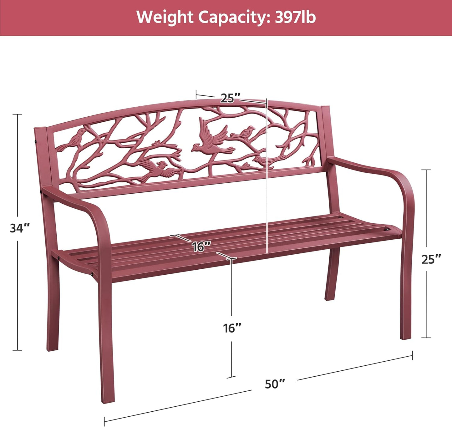 Yaheetech Outdoor Garden Bench Patio Furniture Chair Outdoor with Vintage Bird Pattern Backrest, Slatted Seat, Antique Metal Bench for Yard & Porch & Park, Red