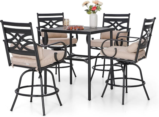 Sophia & William 5 Piece Patio Bar Set, Patio High Dining Set with 4 Swivel Bar Stools and 1 Square Bar Table, All-Weather Outdoor Furniture with Seat Cushions