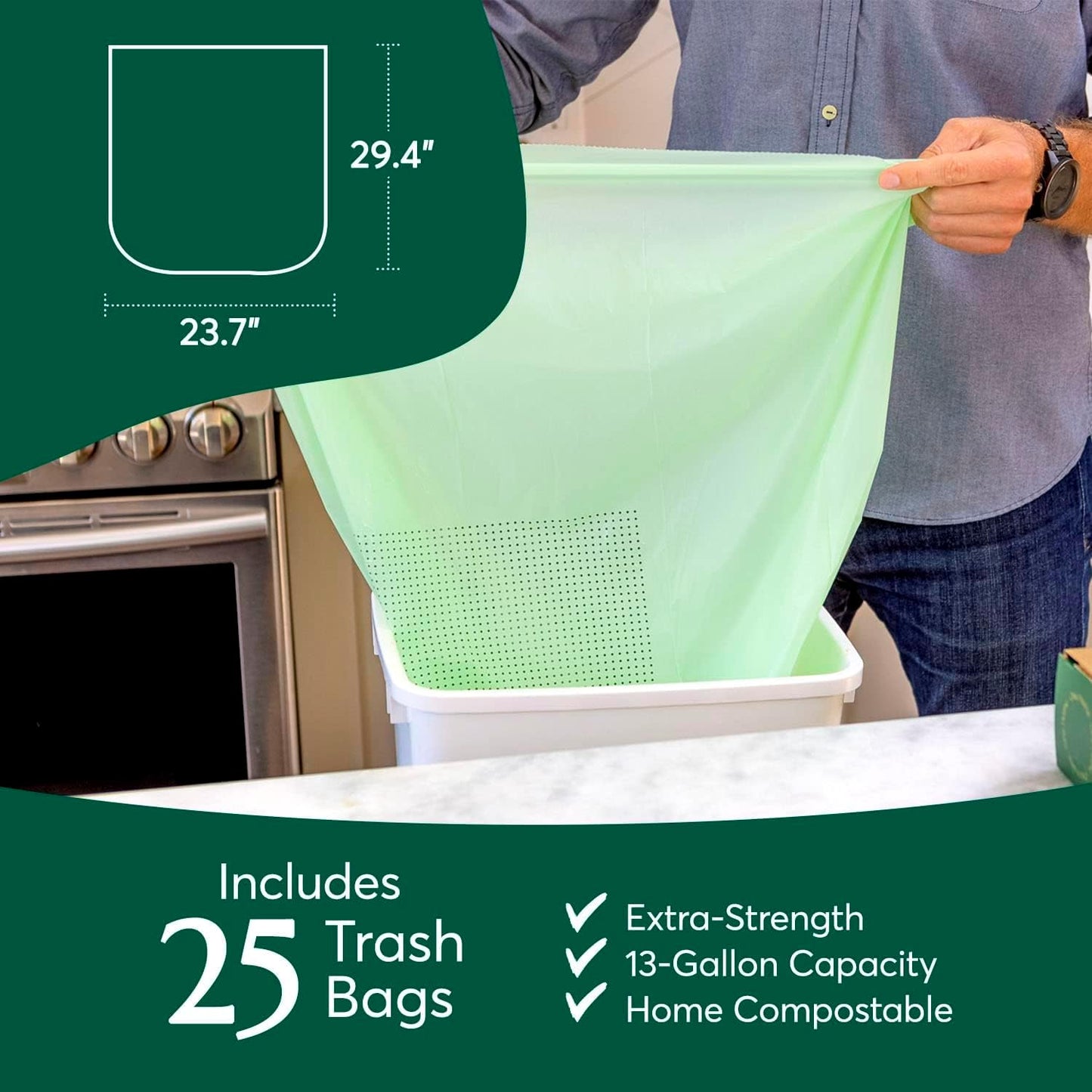 Cleanomic Compostable* Trash Bags with Drawstring (13 Gallon, 25 Units, Tall), BPI Certified For Kitchen Compost
