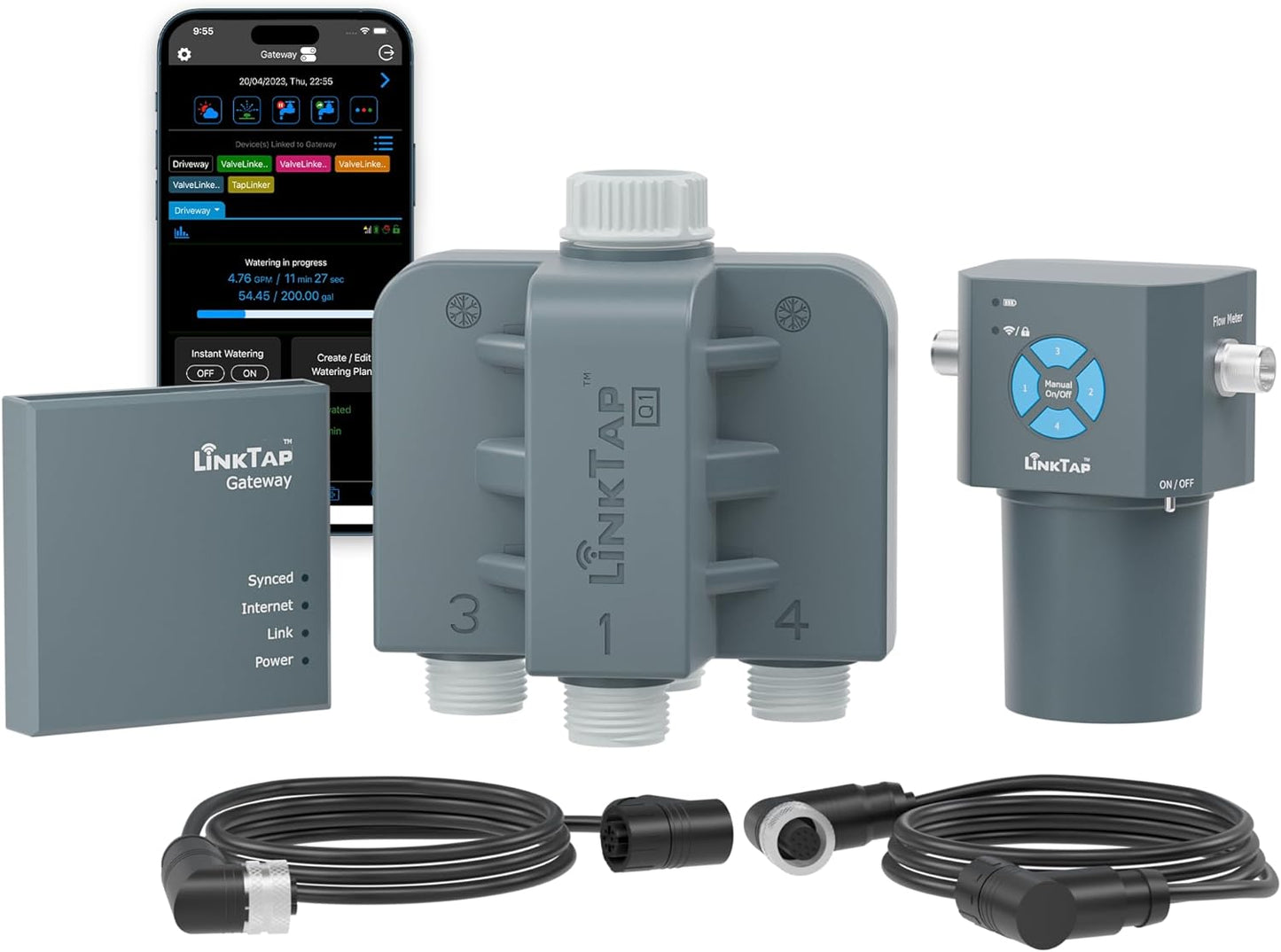LinkTap Q1 4-Zone Wireless Water Timer & Gateway, 4 Separate Ports, 4 Built-in Flow Meters, Equals Four G2S Smart Hose Timers, Easy Install & Use, 2-Year Warranty