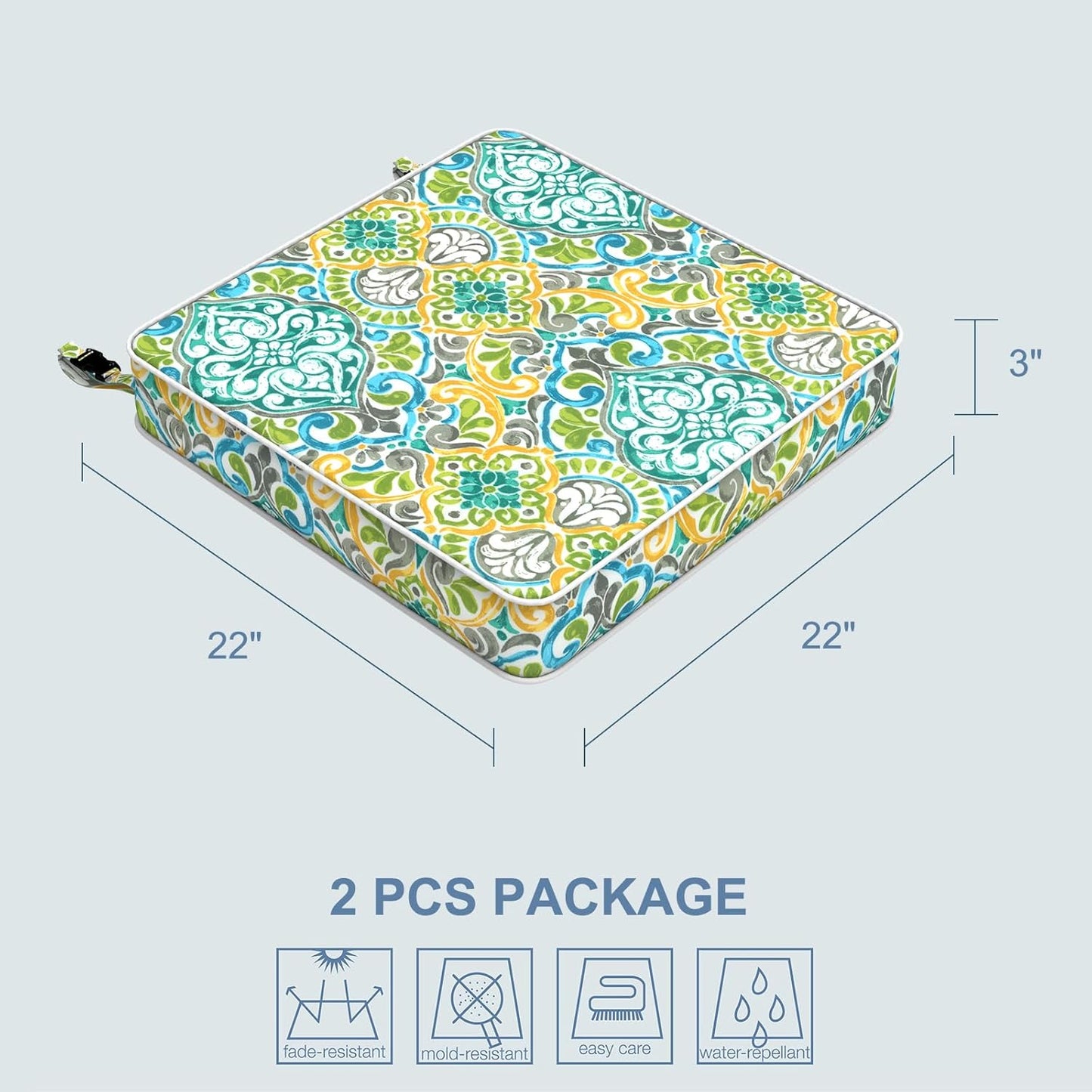 LVTXIII Patio Chair Cushions 22"x22"x3", Water-Repellent Outdoor Seat Cushions for Patio Furniture, Square Chair Pads with Ties for Home Garden Decoration, Set of 2, Damask Green