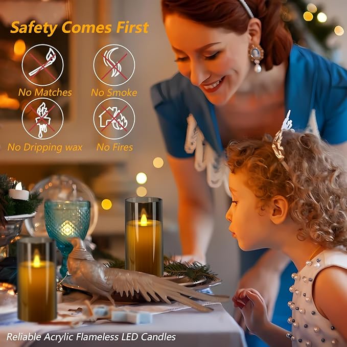 Metaku Flickering Flameless Candles Battery Operated 3D Moving Wick LED Candles with Remote, Set of 2 Grey Acrylic Electric Candles for Christmas Halloween Valentines Wedding Home Decor,D 3"×H 6"