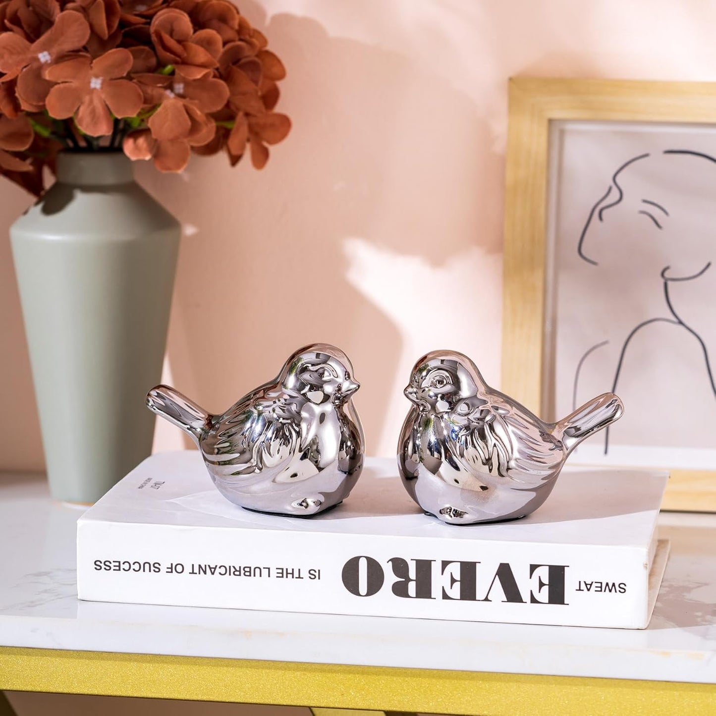 Set of 2 Small Birds Statues Silver Home Decor Modern Boho Style Figurine Decorative Ornaments for Living Room, Bedroom, Office Desktop, Cabinets, Shelf