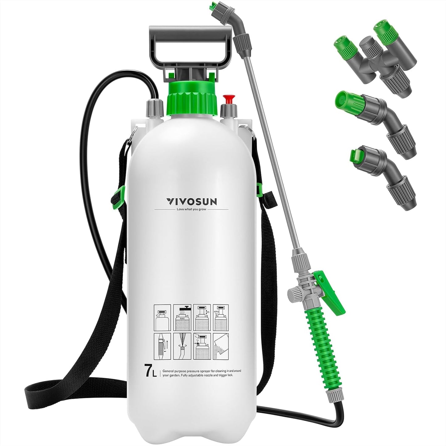 VIVOSUN 1.8 Gal/7L Pump Sprayer, Garden Water Sprayer for Plants, Weeds & Lawn Care, with 3 Nozzles, 50'' Long Hose & Pressure Relief Valve