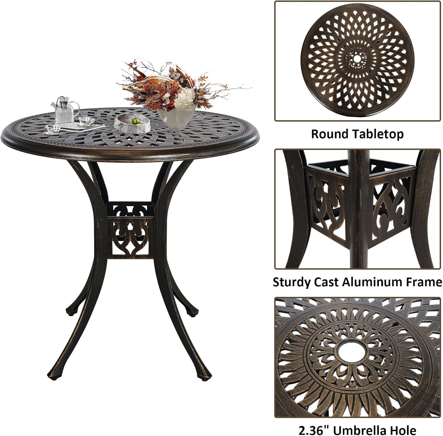 Outdoor Patio Table and Chairs Patio Dining Furniture Set Cast Aluminum Outdoor Table Set Bistro Chairs for Garden (Bronze, 3 Piece Round Table Set)