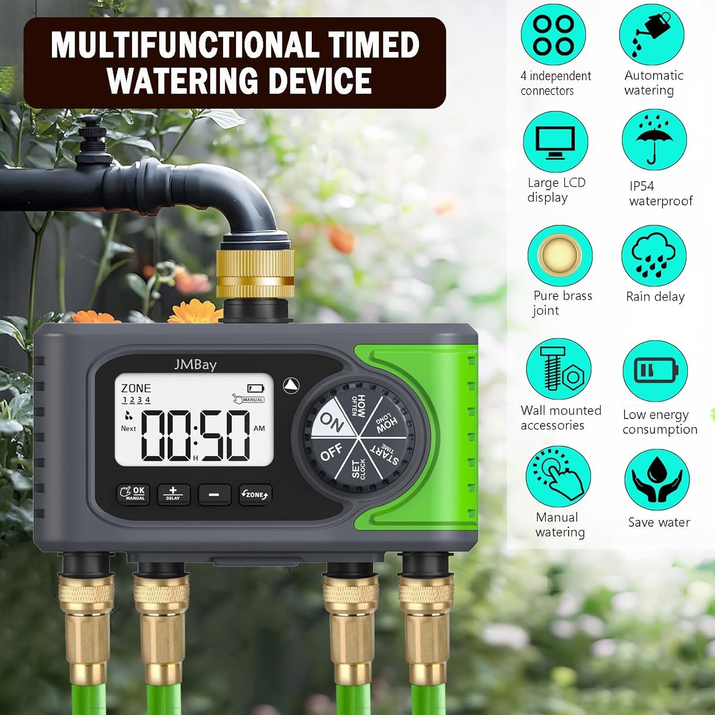 4 Zone Water Timer, Digital Water Timers for Garden Hose, Automatic Sprinkler Timer for Garden Hose, with Rain Delay & Manual Watering, Pure Brass Inlet
