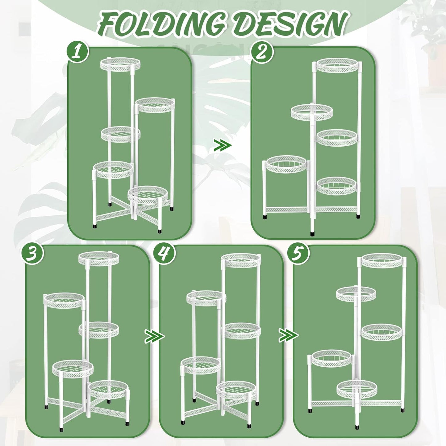 iDavosic.ly Plant Stand Indoor Outdoor, 5 Tier Corner Metal Flower Display Holder Shelf, Folding Tall Orchid Rack for Patio Balcony Porch Garden Living Room House, Wrought Iron - White