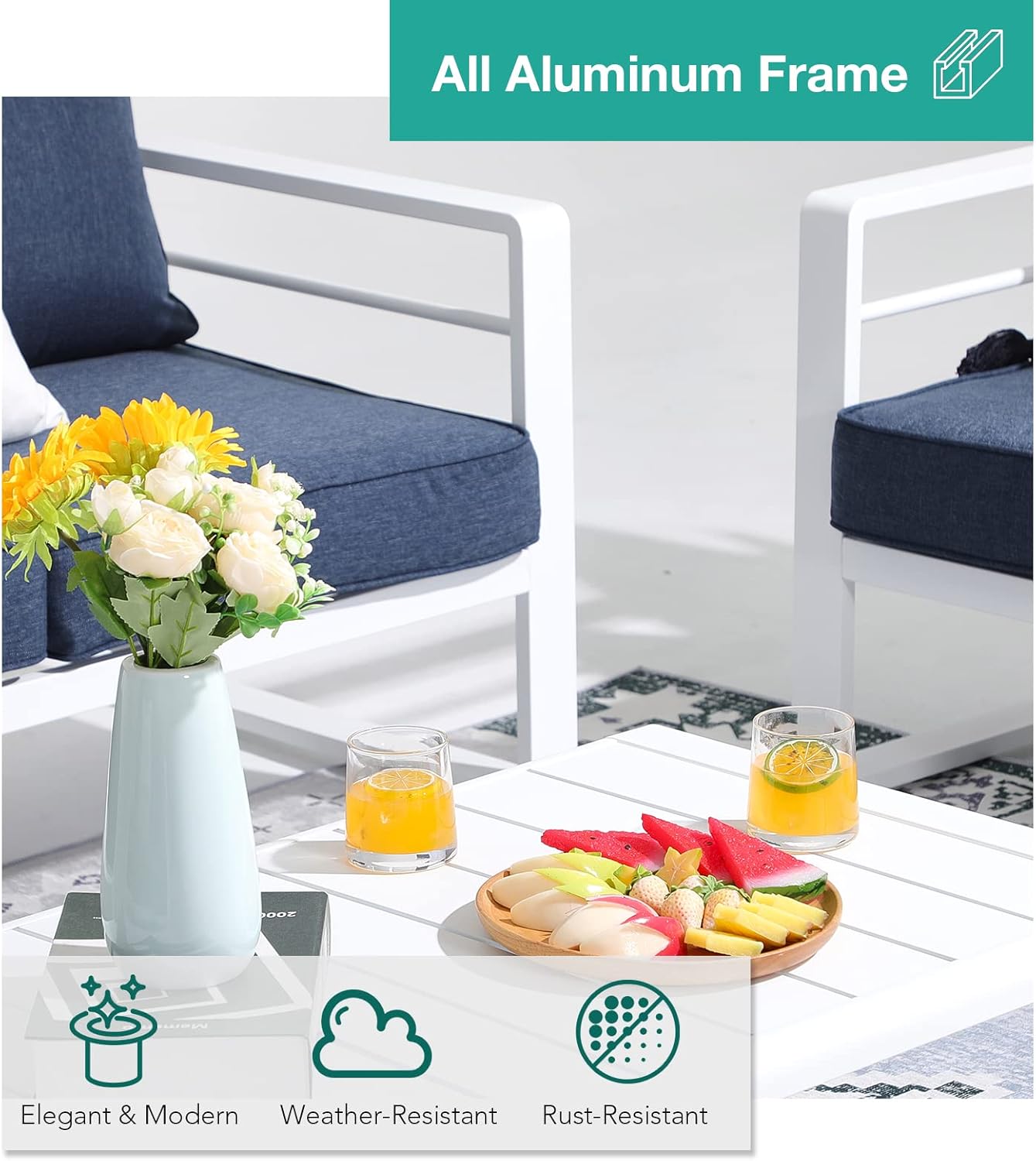 Patiorama Aluminum Patio Furniture Set, Outdoor Patio 3-Seater Sofa, 3 Seats Couch, All Weather White Metal Chair with Olefin Cushion, Deep Seating, 800 lbs Capacity, Deck, Garden-Blue Cushion