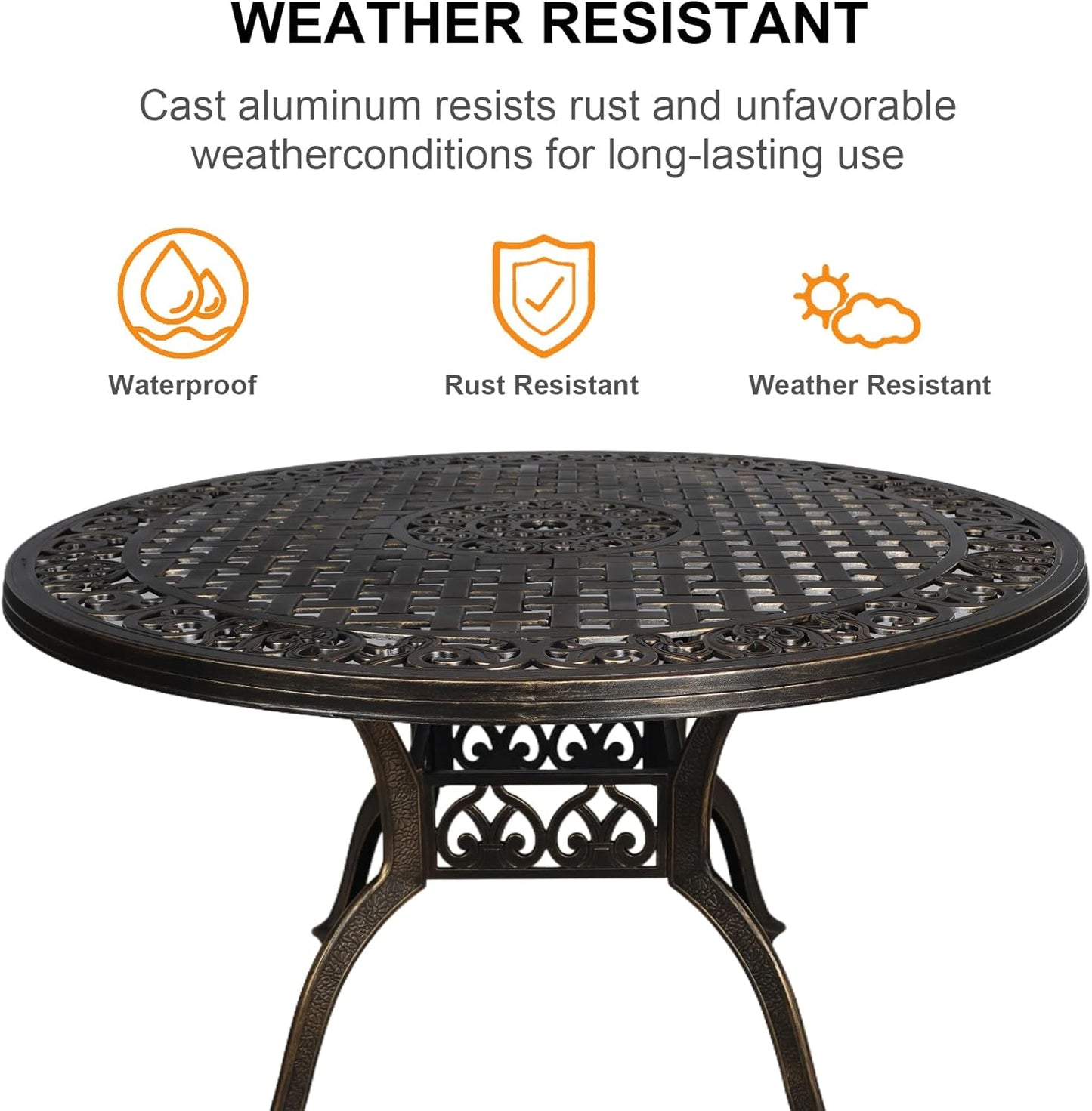 48 Inch Outdoor Dining Table Round Patio Table Powder-Coated Cast Aluminum Frame for Garden with Umbrella Hole (Bronze)