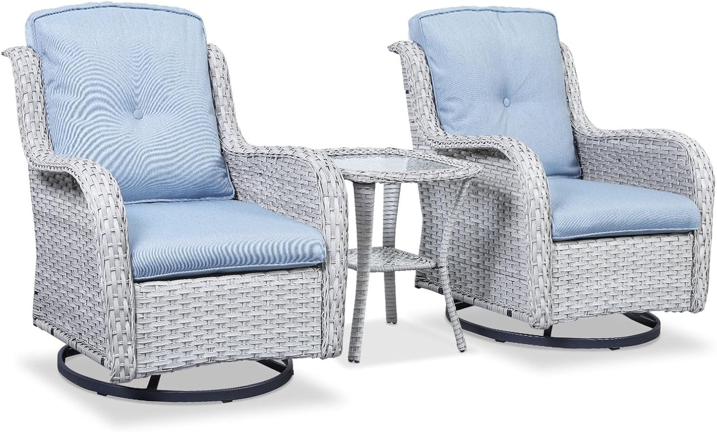 Outdoor Patio Swivel Rocker Chairs - 3 Piece Patio Bistro Set,Wicker Patio Furniture Set with 2 Swivel Rocking Chairs and 1 Glass Top Side Table for Deck Porch Garden,Light Grey/SkyBlue