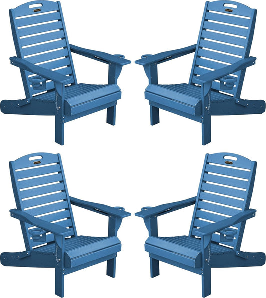 Adirondack Chairs Set of 4, Outdoor Fire Pit Chairs, HDPE All-Weather Adirondack Chairs with Cup Holder, Lawn Chair for Deck, Patio, Garden (NavyBlue)
