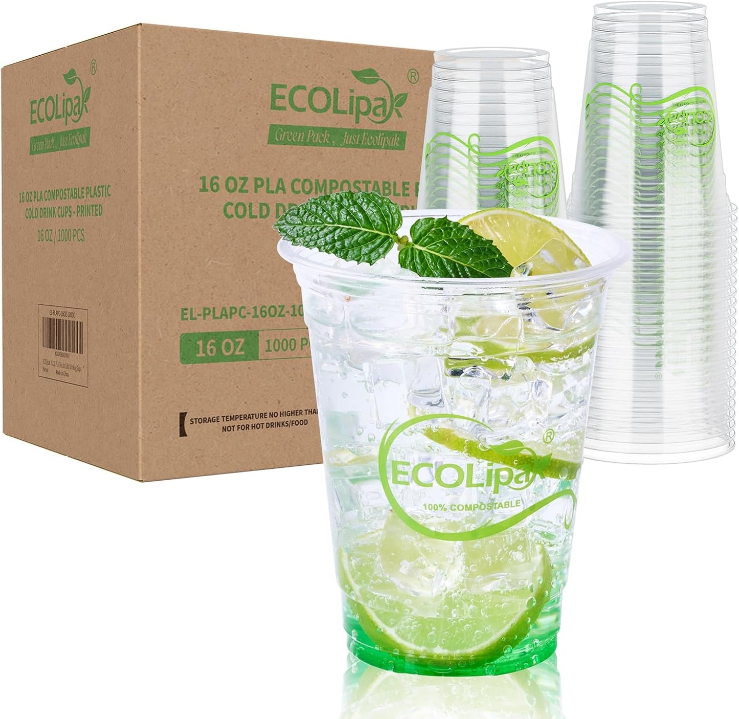 ECOLipak 1000 Count 16 OZ Clear Compostable Plastic Cups, Disposable Plant-Based Biodegradable Drinking Party Cups, PLA Plastic Cold Tumblers for Restaurant, Office, Canteen, Large Gathering
