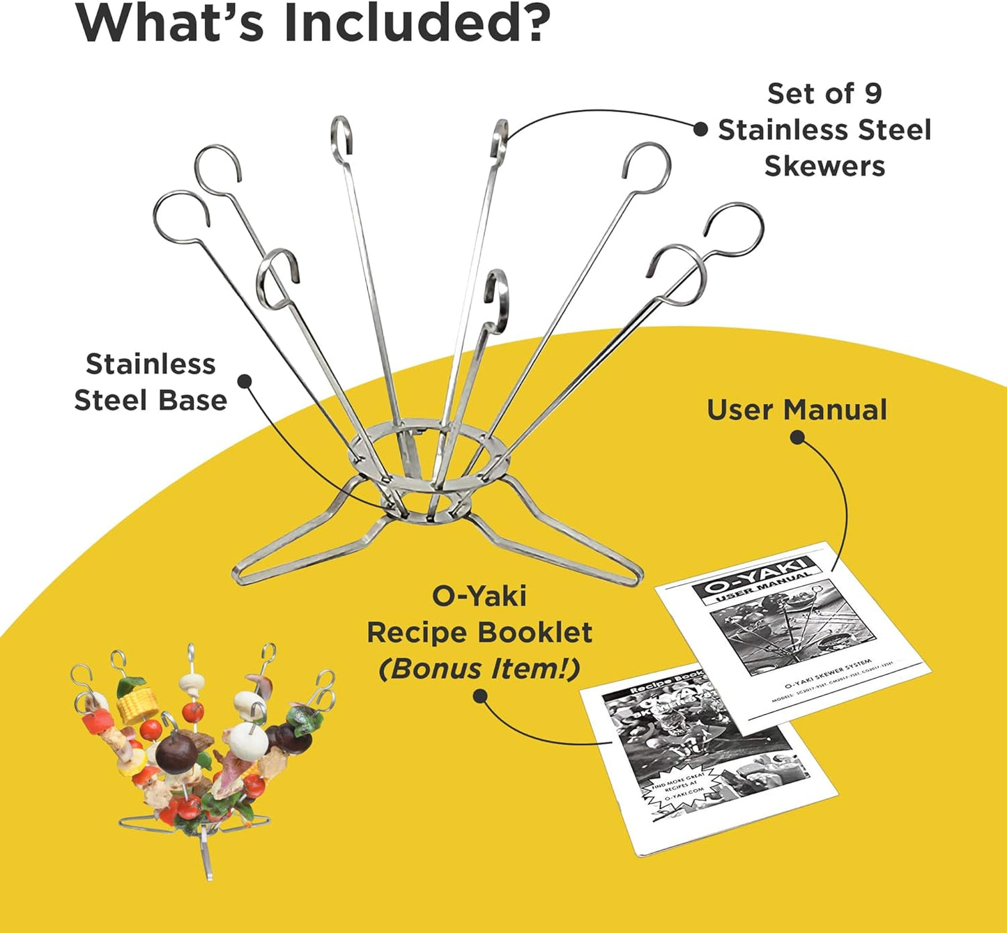 O-Yaki Flat Metal Kabob Skewer for Grilling – Set of 9 BBQ Skewers Stainless Steel with Storage Bag, Dishwasher Safe Skewers with Hook Handle & Sharp Tip for Outdoor BBQ, Cookouts & Oven Use – 8 Inch