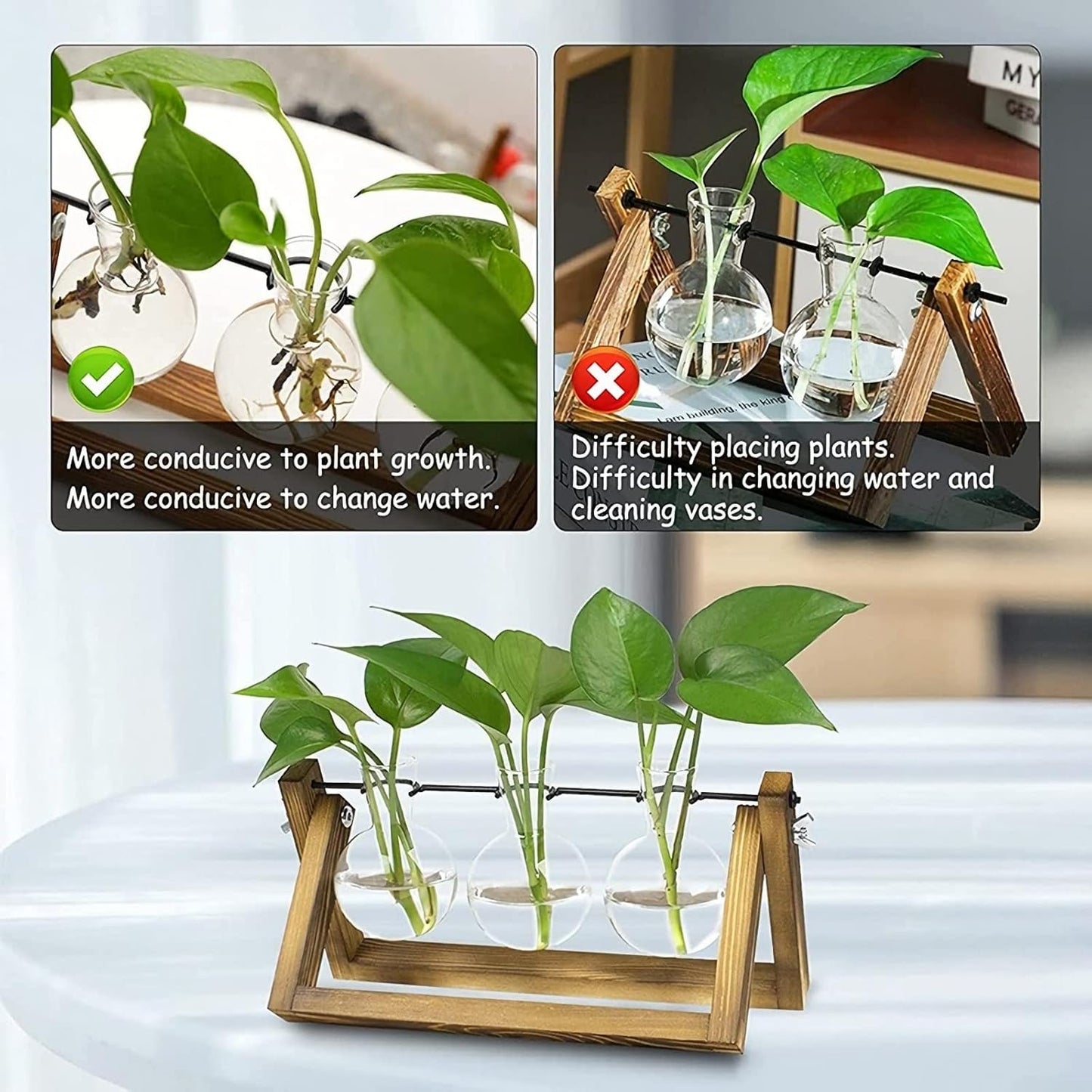 Kingbuy Desktop Glass Planter Iron and Wooden Stand Plant Terrariums for Indoor Office Desk Decor Accessories, 3 Bulb Vases, Brown