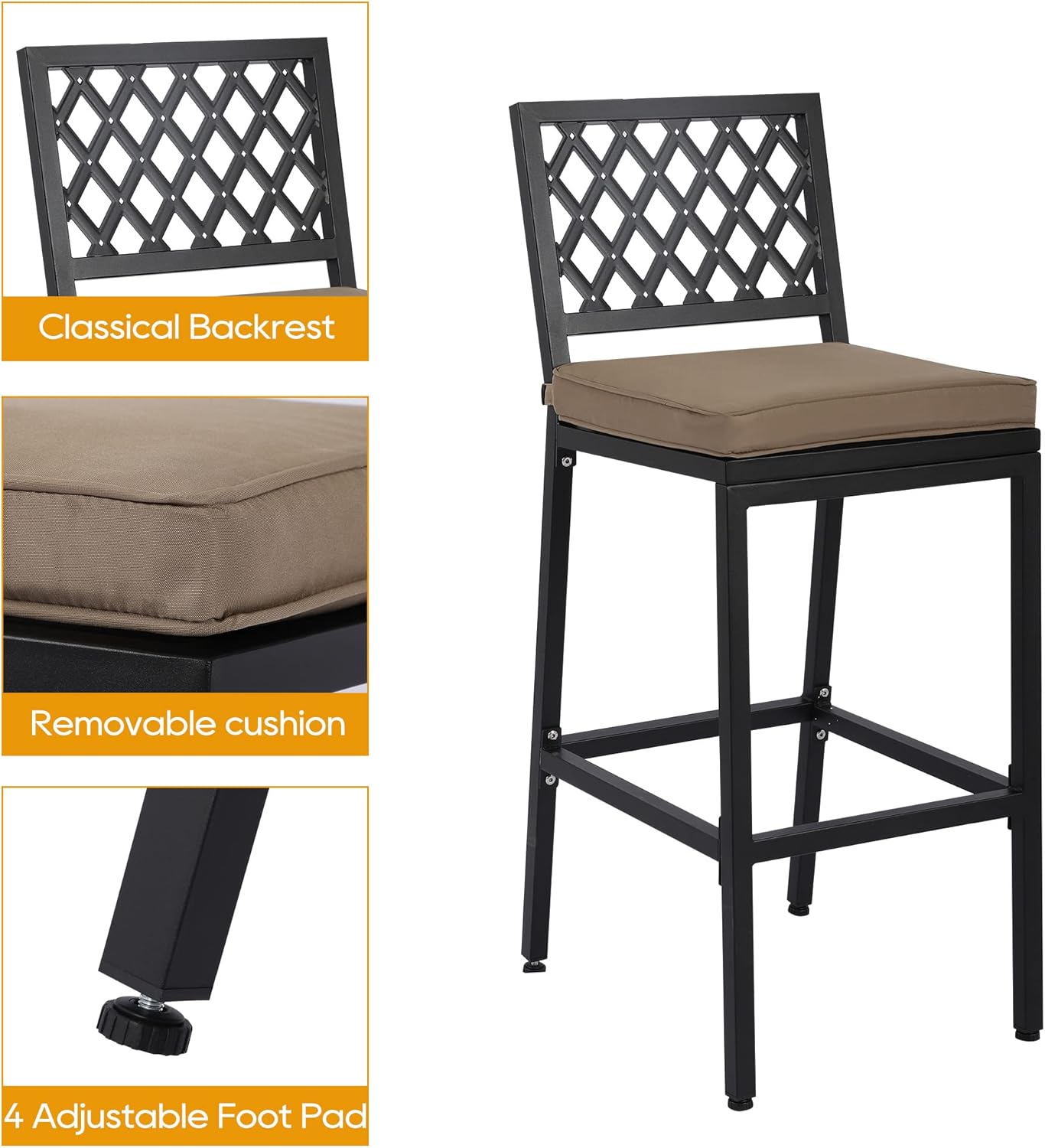 Outdoor Patio Bar Set, Bar Height Patio Dining Set, Weather-Resistant Bistro Counter Pub Set with Cushions & Slatted Tabletop for Backyard, Garden, Yard (63" Table, 6 "X Style Stool, Black)
