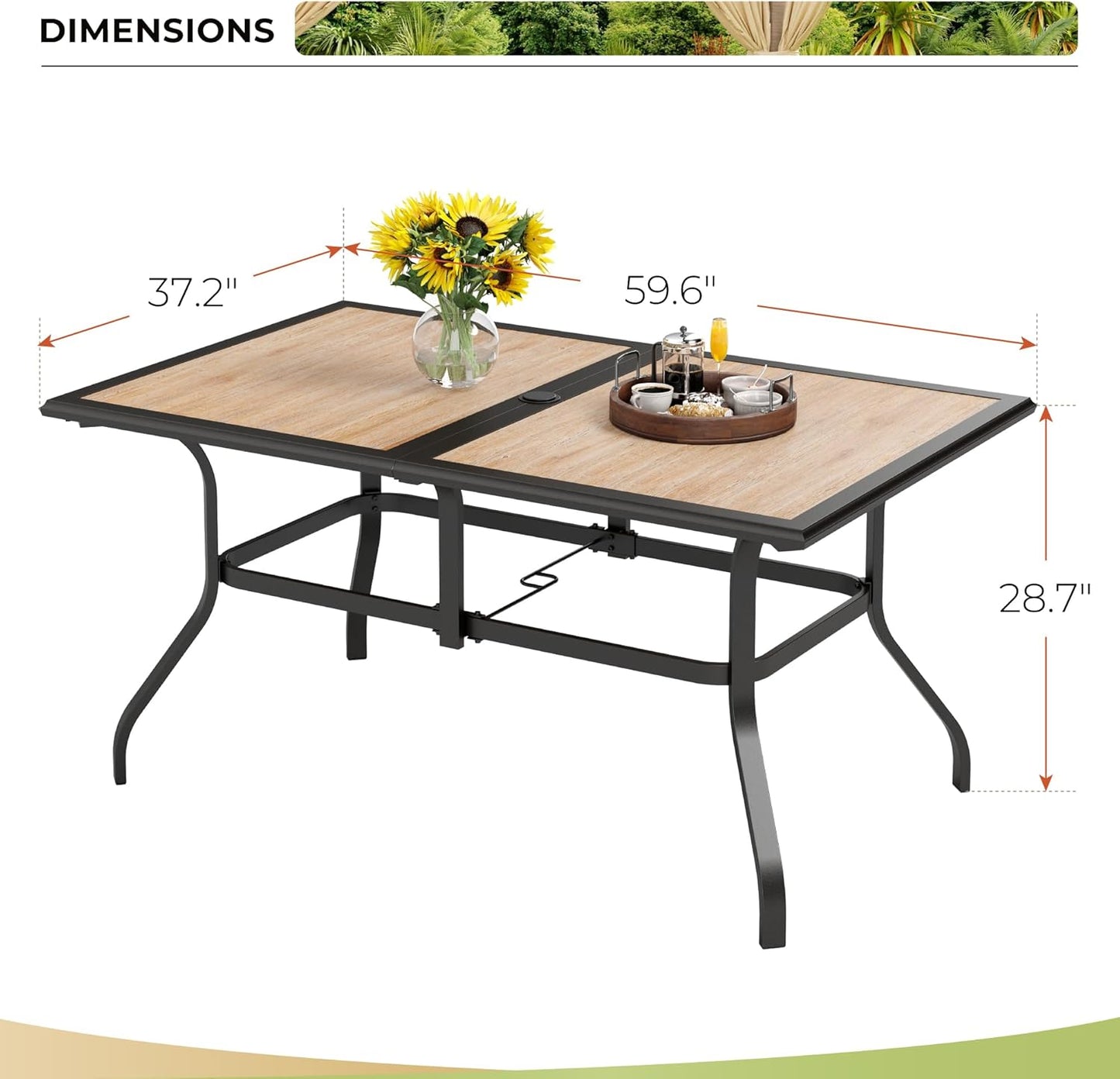 Outdoor Patio Dining Table for 6, 60" x 37" Rectangular Metal Patio Dining Table with Umbrella Hole for Garden, Backyard and Porch