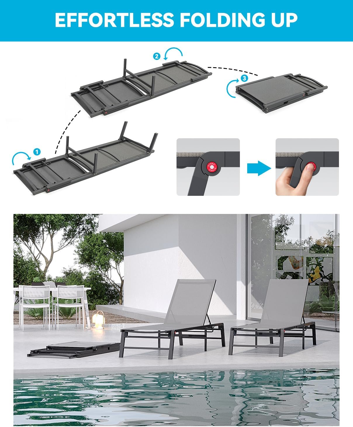 Aluminum Chaise Lounge Chair Outdoor, Foldable Patio Lounge Chair 2 Sets Assemble-Free, Pool Lounge Chairs with 5 Adjustable Backrest, Outdoor Lounge Chairs for Outside Poolside Beach Lawn Grey
