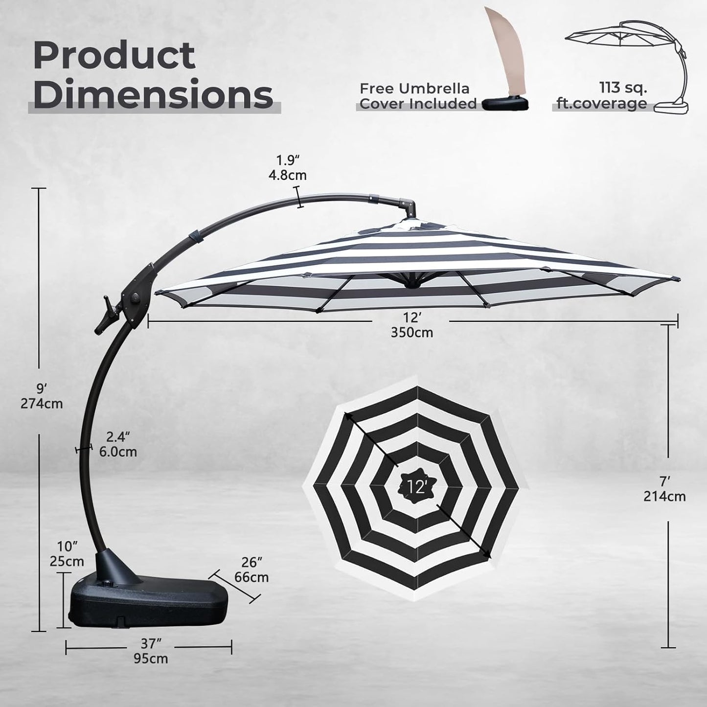 Grand patio 12FT Outdoor Round Offset Umbrella Large Patio Aluminum Cantilever Umbrella with Base for Garden Deck Poolside (Black & White, 12 FT)