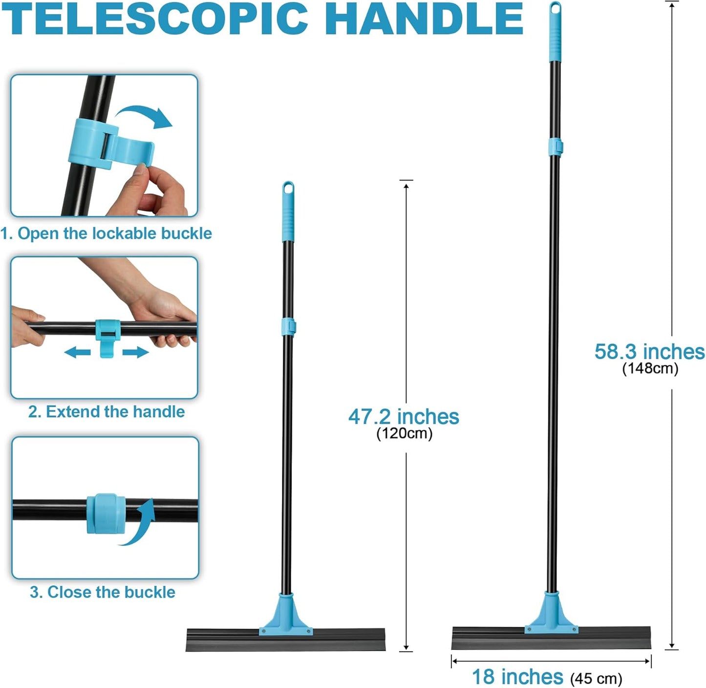 NEWE Floor Squeegee Broom with 18’’ Heavy Duty Rubber Scraper and 58.3’’ Telescopic Long Handle for Garage Concrete Bathroom Tile Shower Glass Marble Deck Window