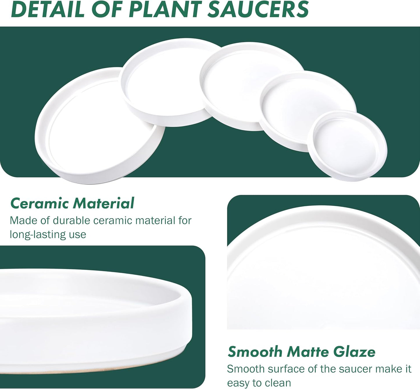 D'vine Dev Modern Round 7.1 Inch Ceramic Plant Pot Saucer, Planter Pot Drainage Tray for Indoor Plants, Matte White, 97-T-A-3