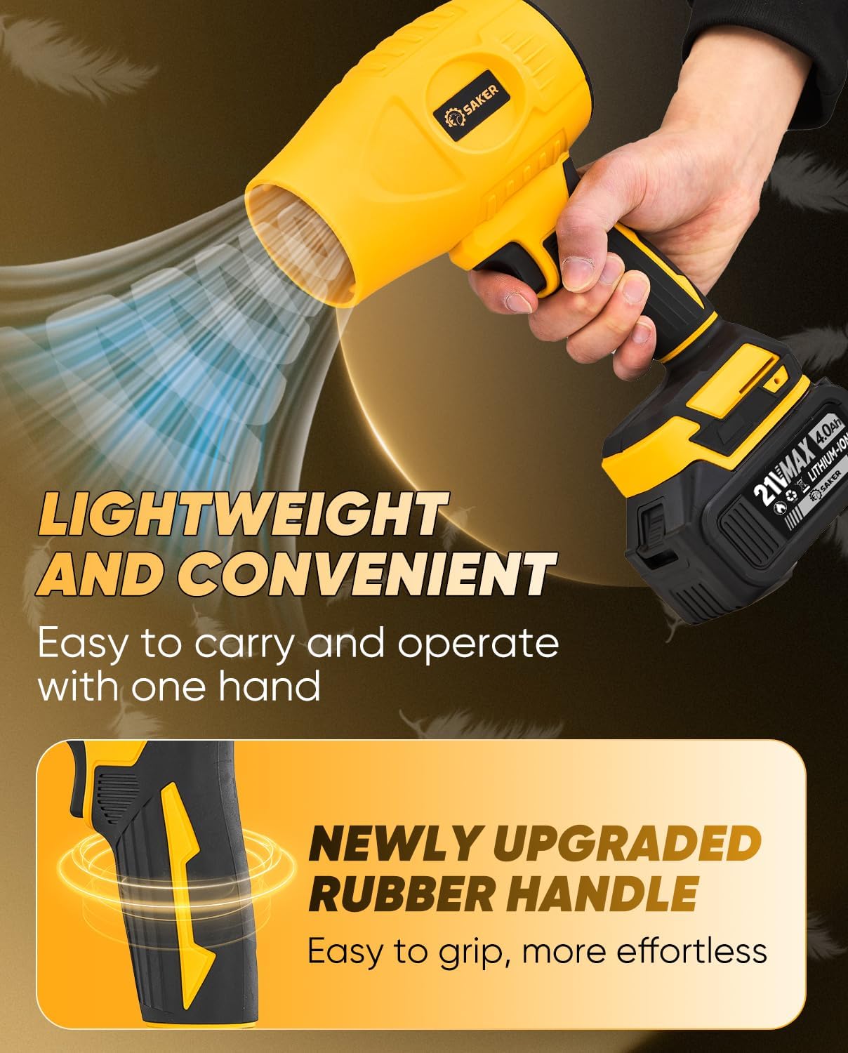 Saker Handheld Cordless Leaf Blower Portable Dust Cleaner 180000 RPM Compressed Air Duster with Adjustable Speed for Drying Patio Cleaning Camping 2 x 4.0Ah Battery Yellow