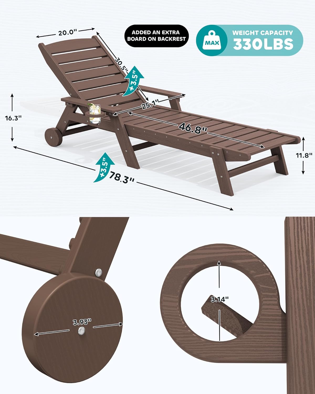 SERWALL Patio Chaise Lounge Chair, 78'' Long HDPE 5 Positions Adjustable Outdoor Lounger, Poly Lounge Chair with Rolling Wheels & Cup Holder for Pool, Coffee Brown