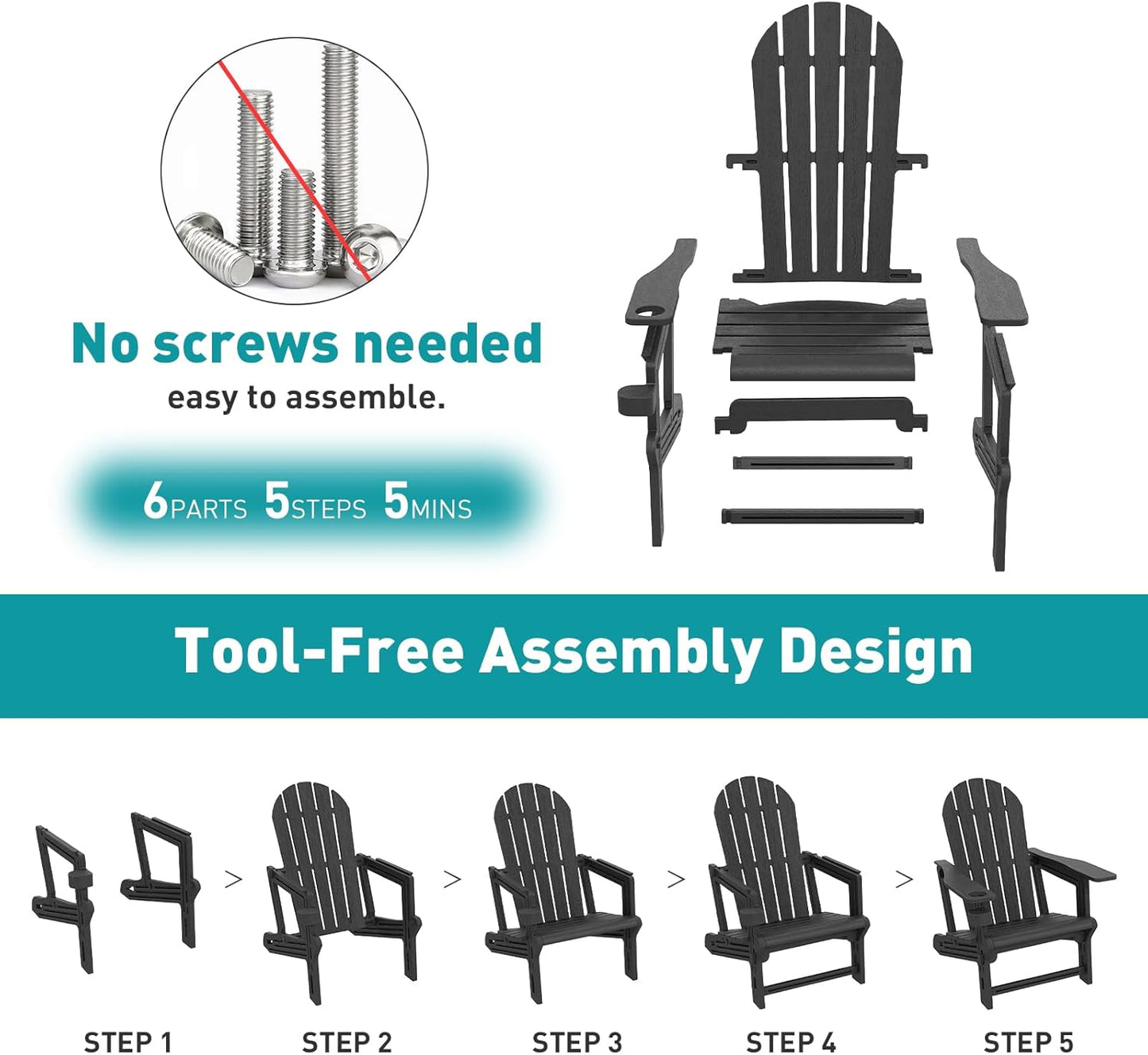 Adirondack Chairs Set of 2, Tool-Free Assembly All-Weather Plastic Adirondack Chairs, HDPE Fire Pit Chairs with Cup Holder, Outdoor Chair for Patio Garden (Black)