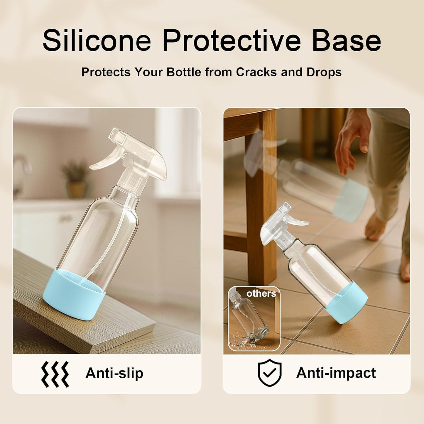 Glass Spray Bottles with Silicone Sleeve 16.9oz 2 Pack Empty Spray Bottle for Hair Mist/Stream Spraying for Cleaning Solutions, Plants, Essential Oils (clear-qblue&white)