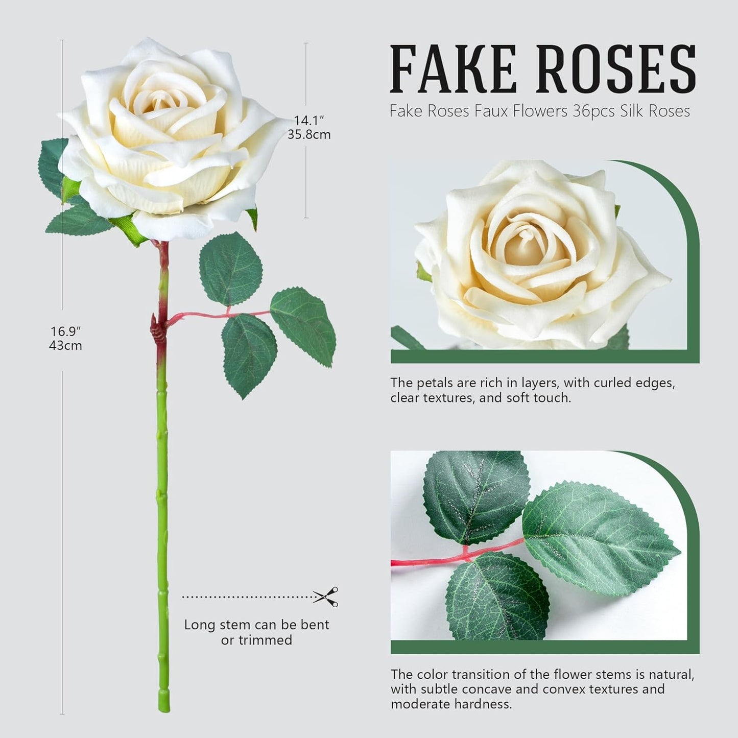 Fake Roses Faux Flowers Silk Roses 36PCS Artificial Roses with Stems Realistic Artificial Flowers Suitable for Indoor Home Decoration DIY Bouquet Wedding Decor Party Decor 16.5In (White)