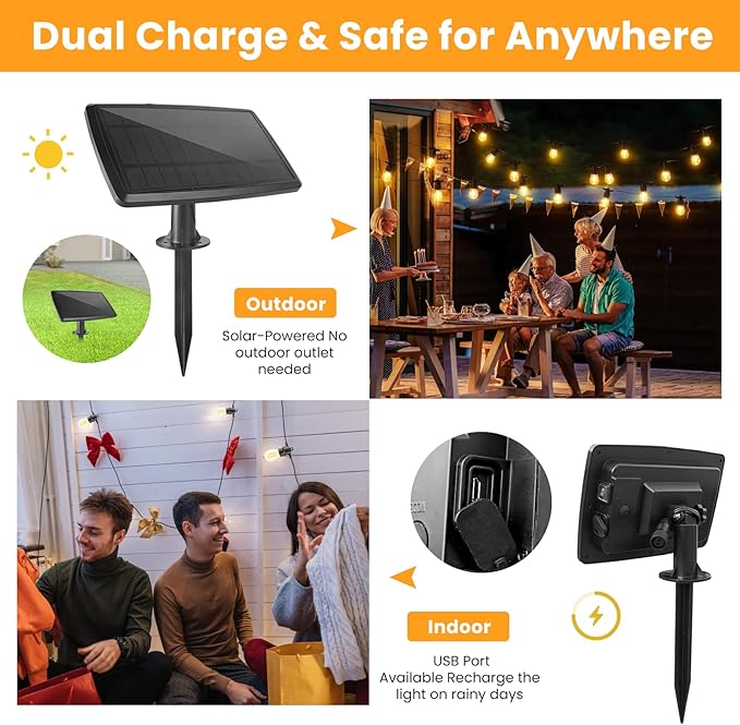 104FT(98+6) Solar String Lights Outdoor Waterproof, Solar Powered Patio Light with 30+2 Dimmable S14 Edison Bulbs Shatterproof & Remote Control, Solar String Lights for Outside Garden Backyard