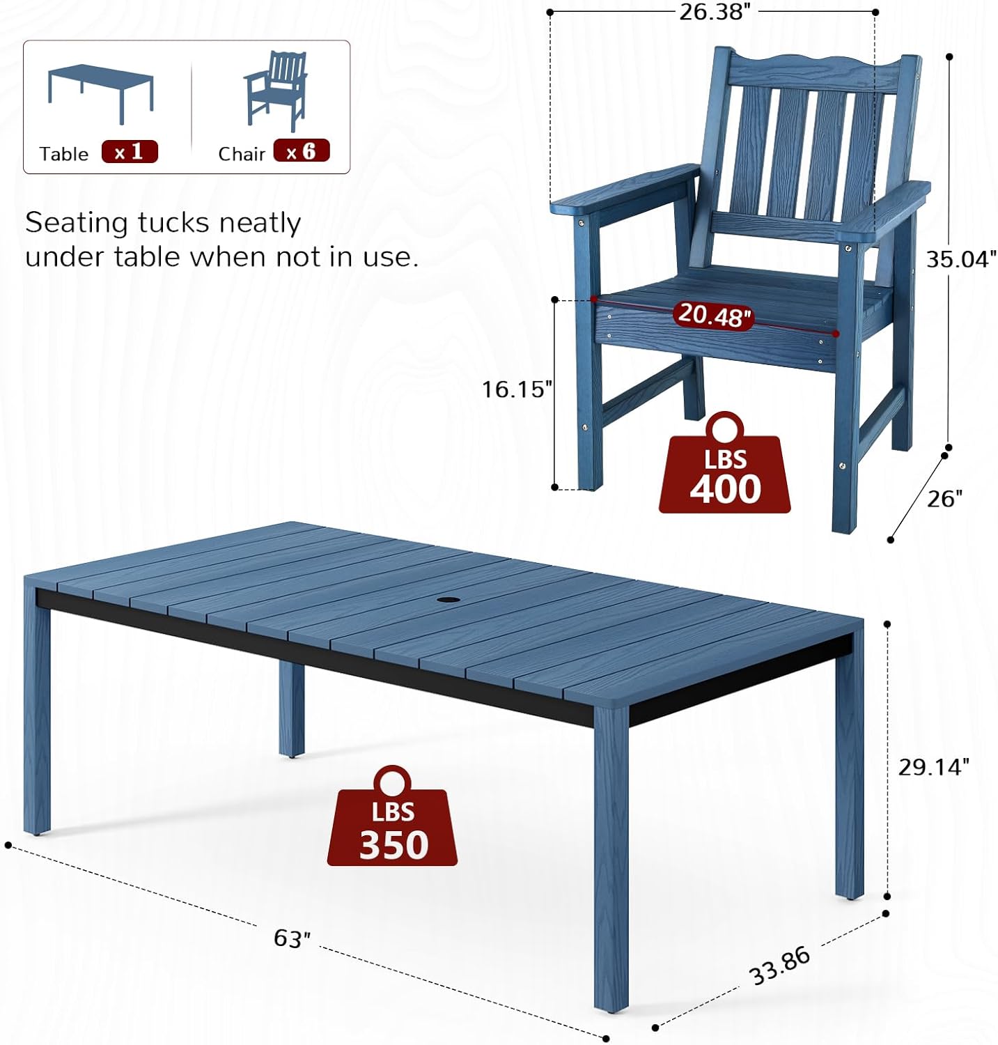 Stoog All-Weather Patio Dining Sets, 7 Pieces Waterproof Dining Table and Chairs Set, HIPS & Aluminum Dining Table with Umbrella Hole, Never Rot or Fade, for Garden, Backyard, Deck, Blue