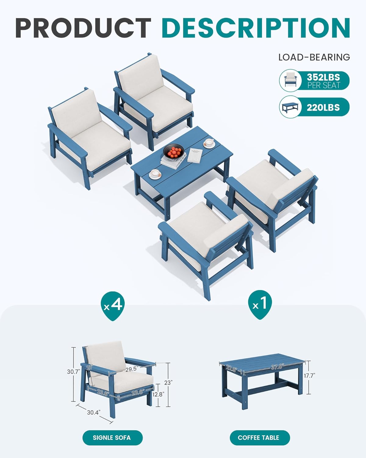 SERWALL Outdoor Patio Furniture Set, 5 Piece HDPE Patio Conversation Sets, All-Weather Wood-Like Outdoor Couch Loveseat and Coffee Table with Thick Cushions for Porch Balcony Garden Backyard