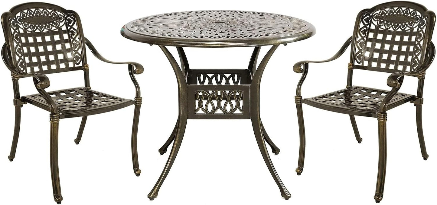 MEETWARM 3 Piece Outdoor Patio Bistro Set, All-Weather Cast Aluminum Dining Furniture Set Includes 2 Chairs and a 35.4” Round Table with Umbrella Hole for Garden Deck