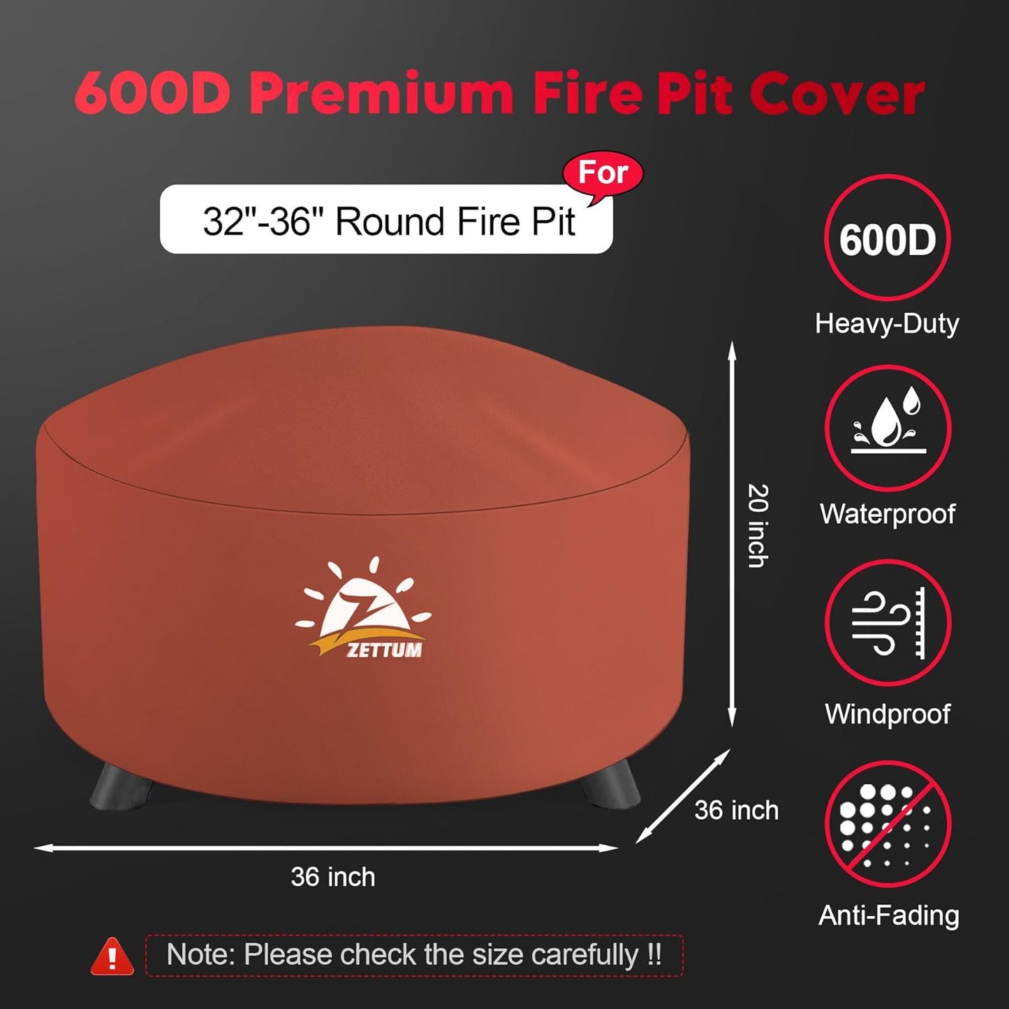 Fire Pit Cover Round 36 Inch - Outdoor Firepit Cover Heavy Duty & Waterproof, 600D Patio Fire Table Covers Gas Fire Pit Accessories Fade & Weather Resistant Brown - 36 x 36 x 20 Inch