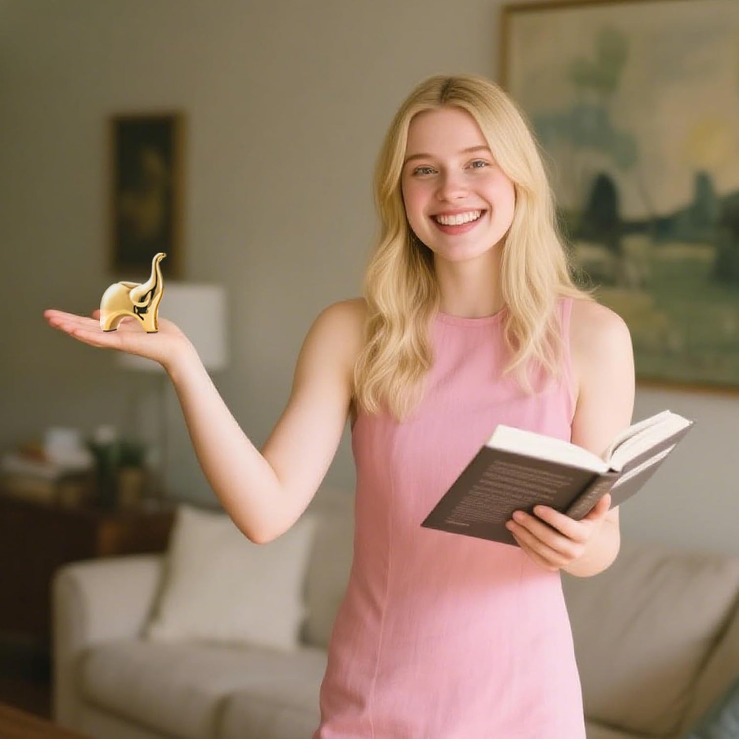 Loving Pair of Small Cute Gold Elephant Statues Gold Home Decor Modern Boho Style Figurine Decorative Ornaments for Living Room, Bedroom, Office Desktop, Cabinets, Shelf