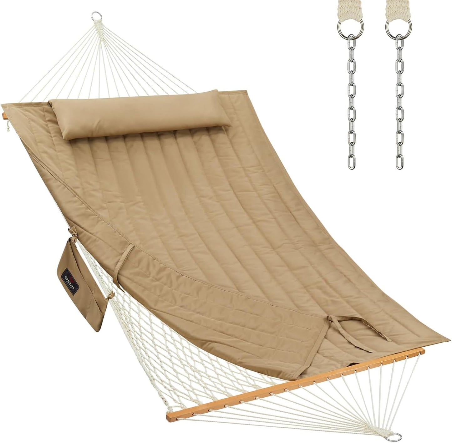 Outdoor Double Hammock with Hardwood Spreader Bars, Large Rope Hammock with Polyester Pad and Pillow, 475 LBS Capacity for 2 Person Patio Backyard Poolside - Tan