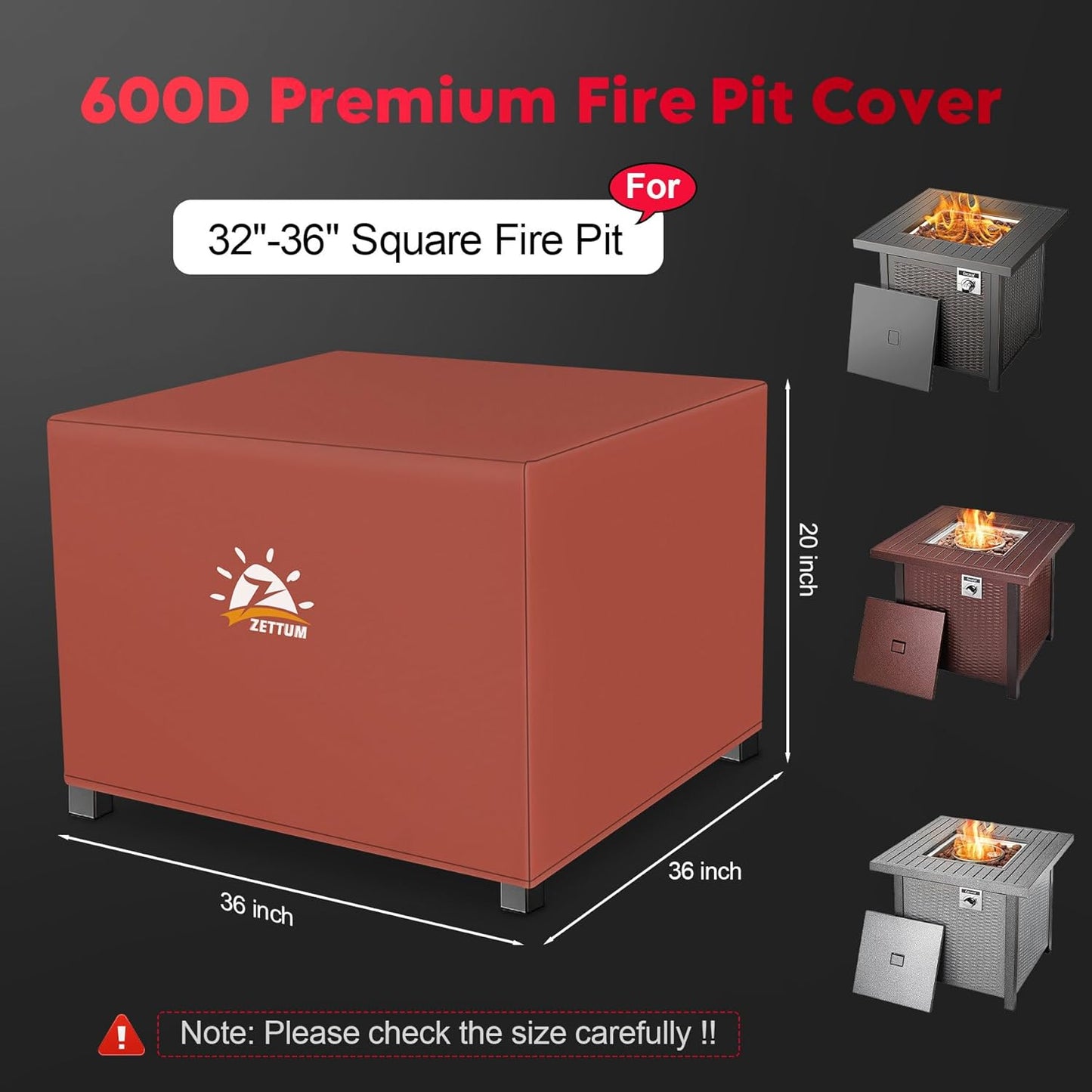 Fire Pit Cover Square 36 Inch - Outdoor Firepit Cover Heavy Duty & Waterproof, 600D Patio Fire Table Covers Gas Fire Pit Accessories Fit 34" Yaheetech Firepit Brown - 36 x 36 x 20 Inch