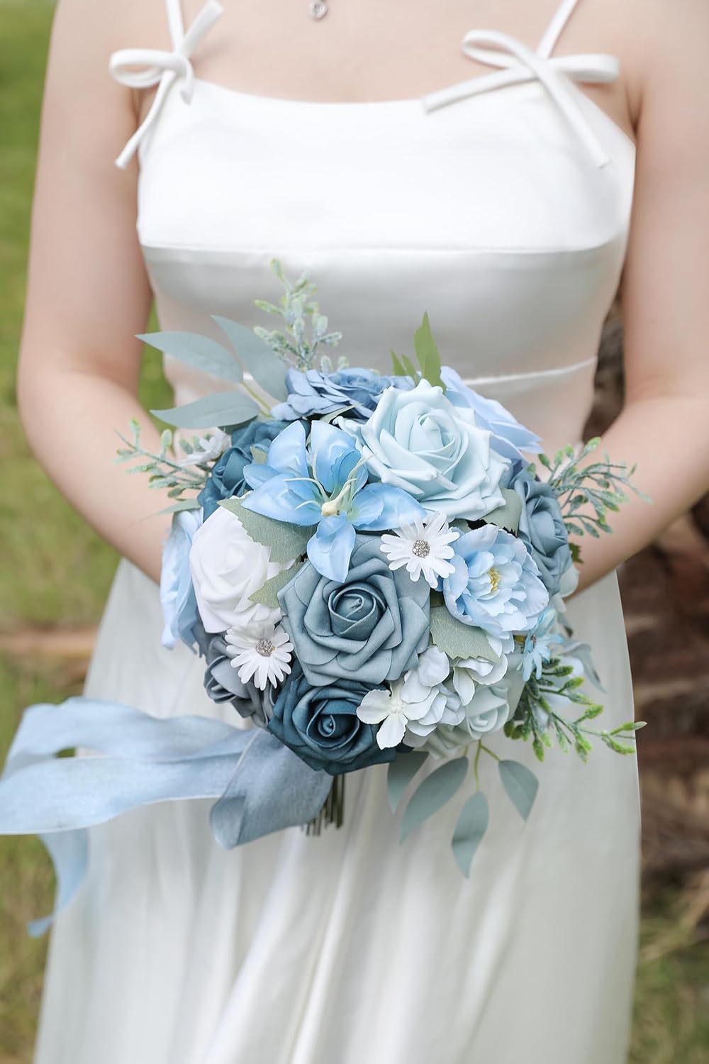 Blue Artificial Flowers Silk Fake Roses Peonies Greenery Combo Box Set for DIY Wedding Bouquets Bridal Shower Centerpieces Floral Arrangements Party Tables Home Decoration