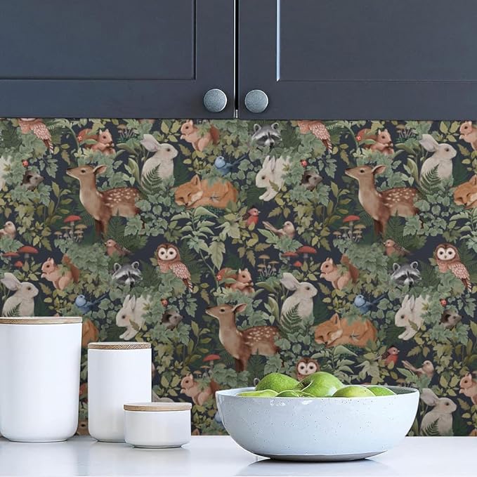 Animal Leaf Forest Deer Rabbits Squirrel Owl Green Plants Peel and Stick Wallpaper Self Adhesive Removable Easy Peel Off Contact Paper Stick on Wall Paper for Bedroom&Renter
