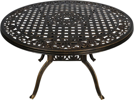 48 Inch Outdoor Dining Table Round Patio Table Powder-Coated Cast Aluminum Frame for Garden with Umbrella Hole (Bronze)