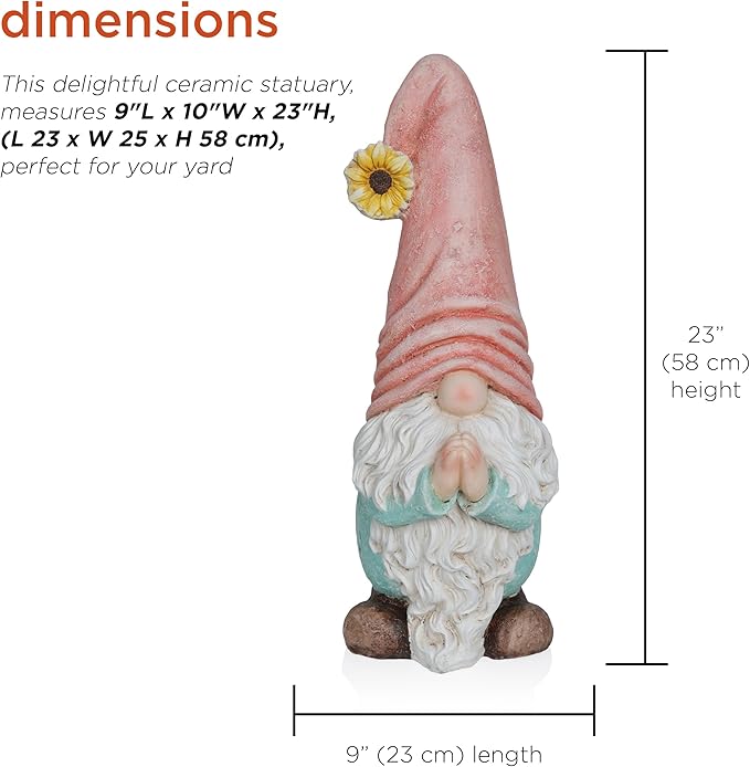 Alpine Corporation MCC846 Indoor/Outdoor Praying Gnome with Sunflower Garden Statue, Peaceful Gnome Statue w/Hat, 23" H, Pink