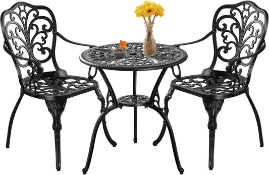 Outdoor Bistro Table and Chairs Set of 2, Outdoor Bistro Set 3 Piece with Umbrella Hole, Black Patio Bistro Sets Cast Aluminum for Balcony Porch Yard