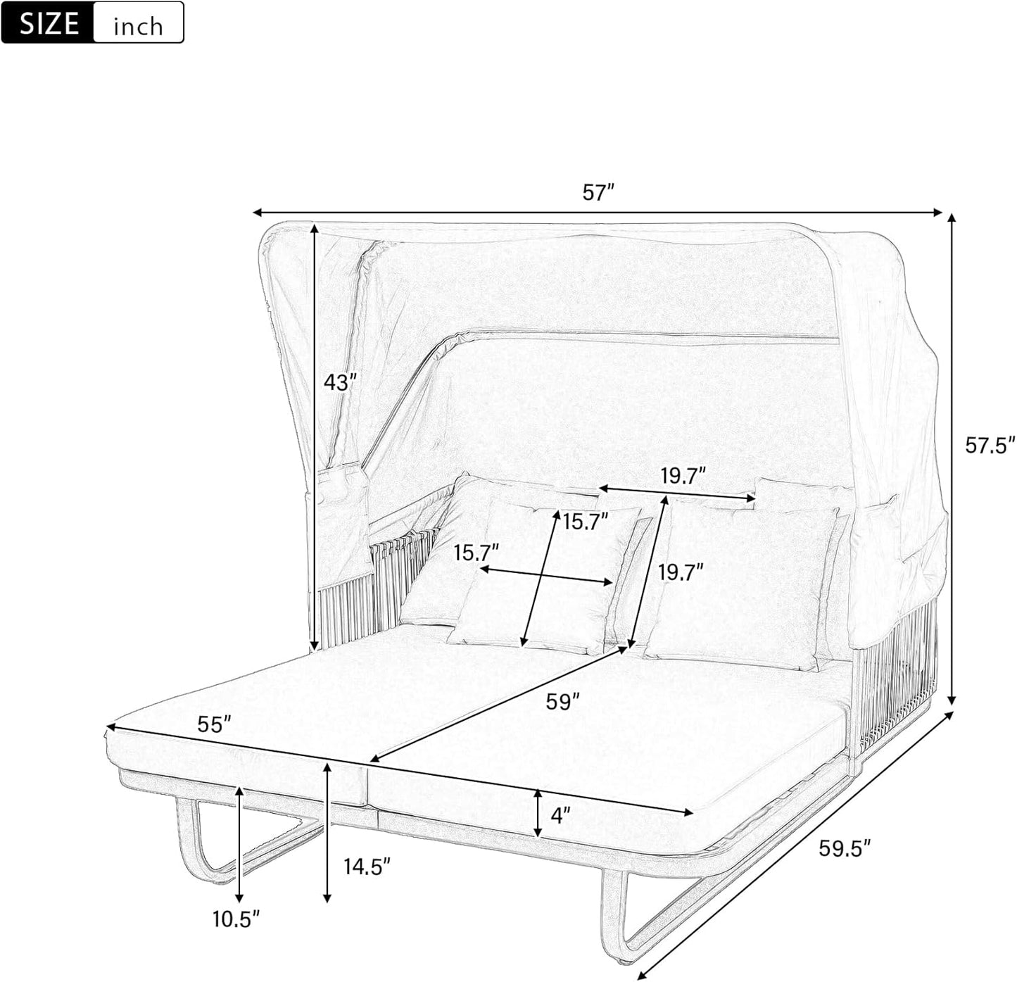 kevinplus Outdoor Patio Sunbed Daybed Double Lounge with Adjustable Canopy for Garden Backyard Pool, Iron Frame & Rattan Material & Moveable Cushion Cover, Beige