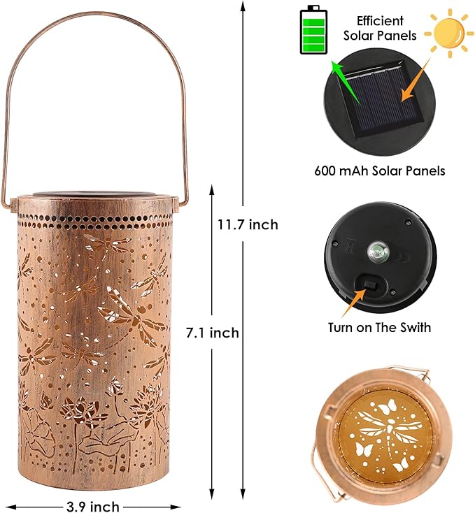 Fabuday Dragonfly Lotus Outdoor Solar Lantern Waterproof 2 Pack - Hanging Solar Power Lights Led for Outside, Garden Decor for Patio, Porch, Balcony, Yard and Deck, Gardening Decoration Gift for Women