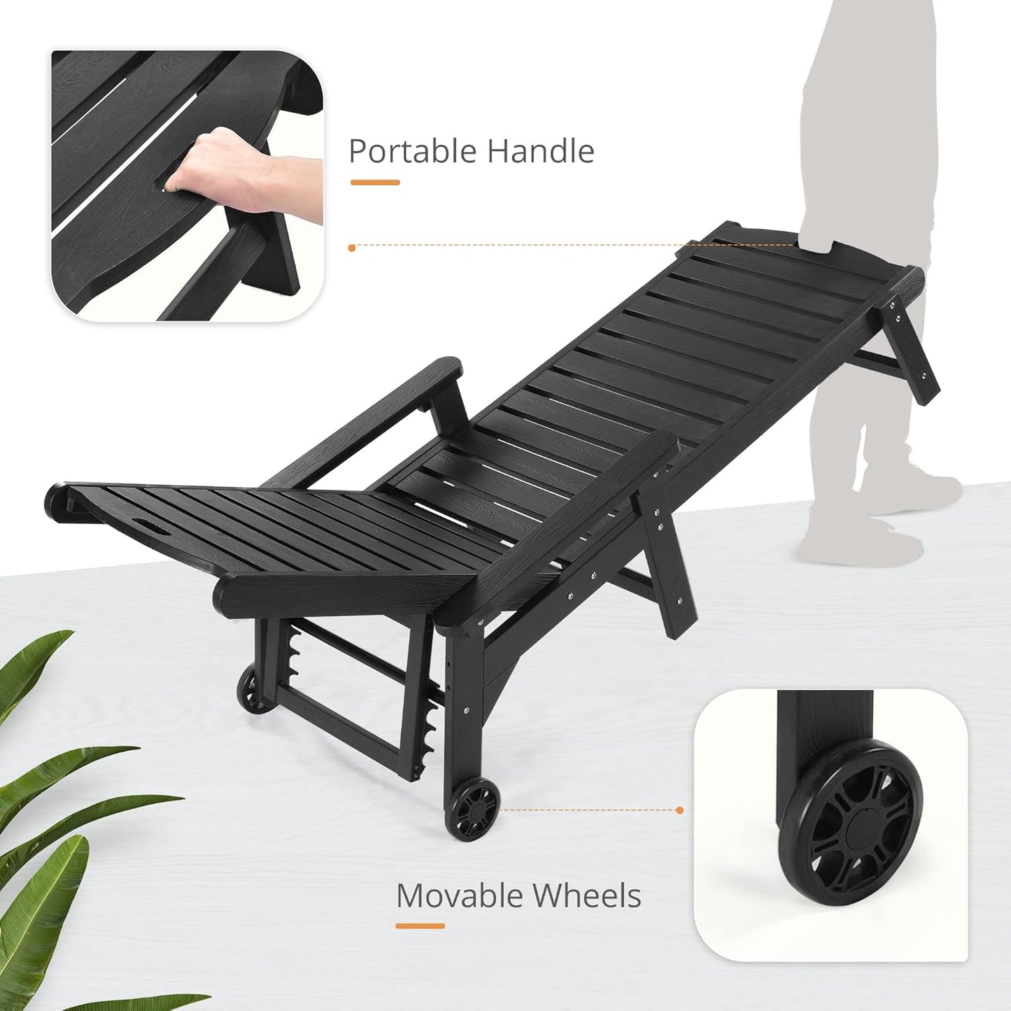 LUE BONA Chaise Lounge Chairs Set with Table, 3-Piece, HDPS Chaise Lounger, 5 Positions Adjustable Lounge Chairs, Pool Lounge Chair with Wheels for Poolside, 3 Year Warranty, Black